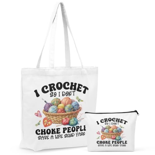 Crochet Knitting Supplies Canvas Tote Bag Makeup Bag Set, Crochet Accessories Gifts for Women Grocery Cosmetic Bags