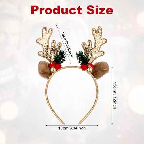 Christmas Reindeer Antlers Headband, Gold Deer Antlers Hair Hoop with Jingle Bells Glitter Antler Ears Headband Xmas Costume for Women Girls