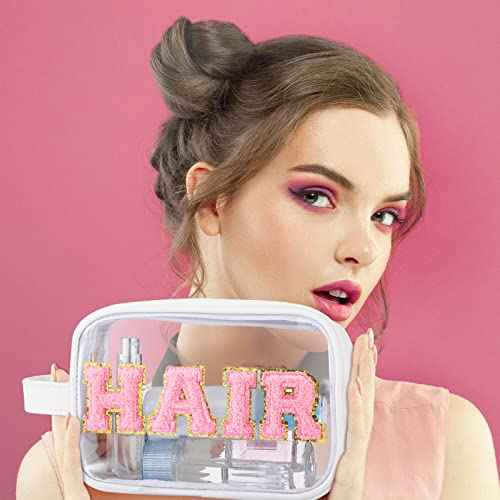 Sotiff 3 Pcs Preppy Patch Makeup Bag Cosmetic Bag Travel Toiletry Bag for Women Chenille Letters Patch Bag with Handle Waterproof Portable Preppy Purse Zipper Pouch for Girls (Colorful,PU)