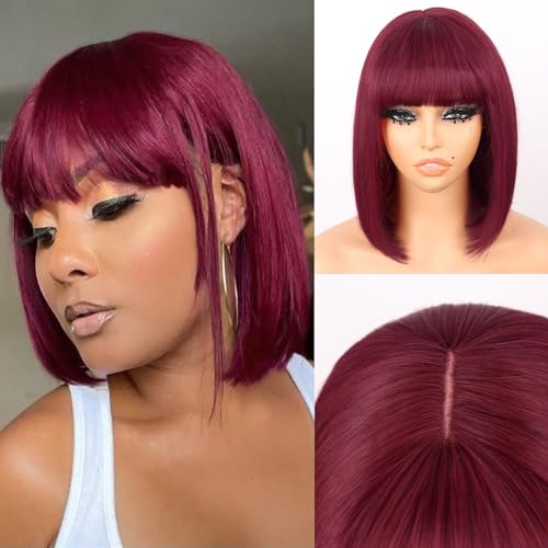 G&T Wig 99J Burgundy Straight Human Hair Lace Bob Wig With Bangs Realistic Look 2x1 HD Lace Glueless Wigs Blunt Cut 12 Inch Short Straight Human Hair Wigs for Black White Women