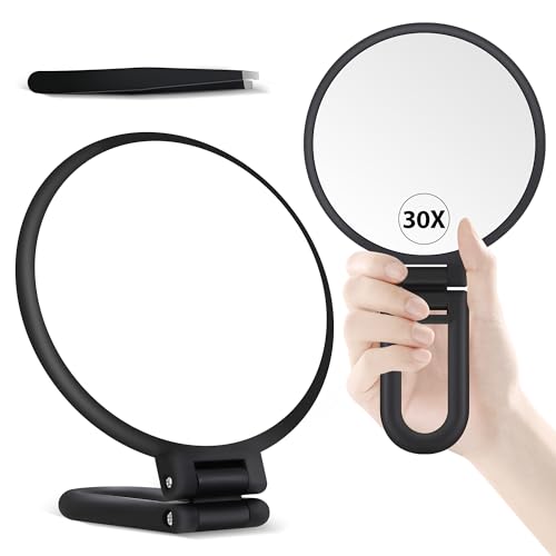 B Beauty Planet 30X Magnifying Mirror, Hand Mirror with Handle, Double Sided Hand Mirror with 30X/1X Magnification, Travel Essential Portable Foldable Makeup Mirror for Precision Makeup Black