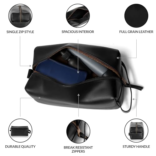 Premium Leather Toiletry Bag For Men - Travel Bag, Shaving Kit Bag & Toiletry Organizer - Full Grain Leather (Single Zip, Brown)