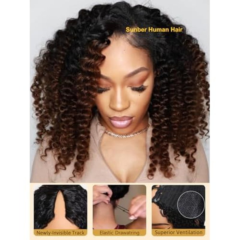 Sunber EasiContour V Part Human Hair Ombre Chestnut Brown Curly Glueless Wig Upgrade Vpart Wigs No Leave Out No Gel 180% Density V Shape Clip Wigs No Sew in Ready to Go Beginner Friendly 16Inch