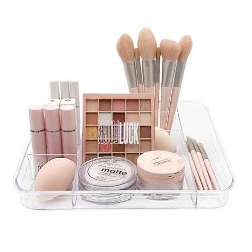 SUNFICON Makeup Tray Organizer Cosmetic Display Case Office Stationery Storage Holder Countertop Storage Unit Makeup Box for Bathroom Drawers,Vanities Office Desk,Washable Crystal Clear Acrylic