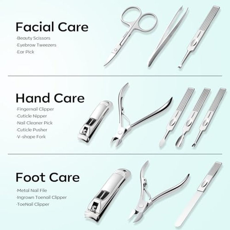 FAMILIFE Manicure Kit for Women, Professional Manicure Set Nail Clippers Set 11 in 1 Stainless Steel Pedicure Tools Nail Kit Men Grooming Tool with Portable Green Travel Case for Home, Travel