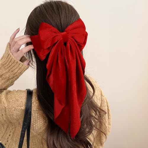 2Pcs Red Large Velvet Hair Ribbons Hair Bows Barrettes Clip with Long-Tail for Women Girls Oversized Aesthetic Christmas Valentines New Year Party Hair Styling Accessories Gift