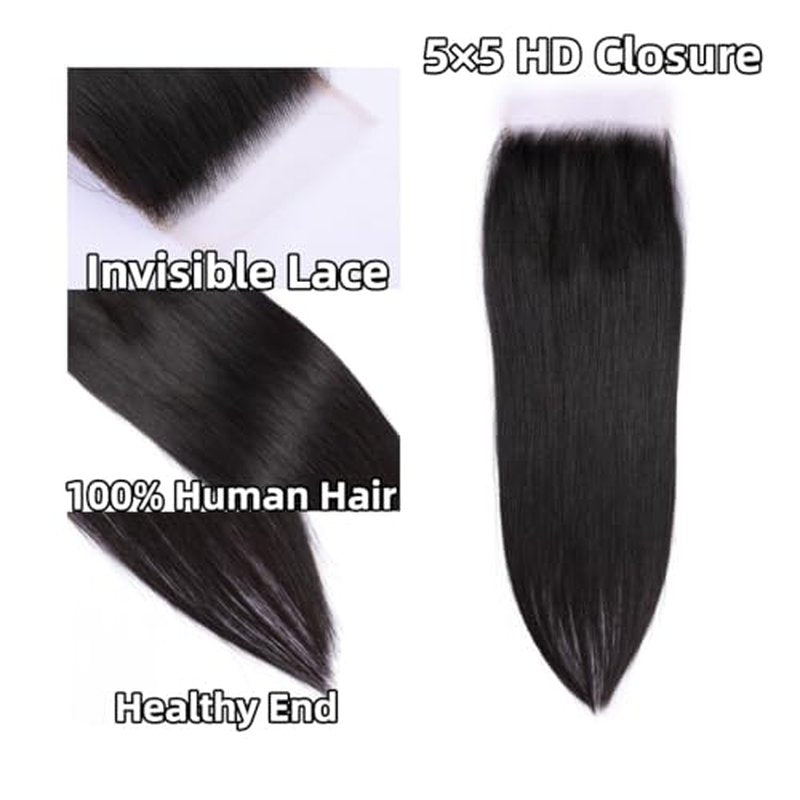 Savasana 5x5 HD Lace Closure Human Hair Straight Pre Plucked with Baby Hair HD Closure for Black Women Skin Like Brazilian Virgin Natural Black 22 Inch