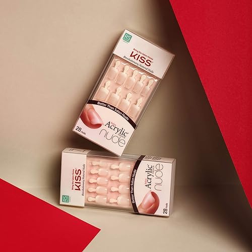 KISS Salon Acrylic Nude French Tip Press On Nails Short, ¡®Breathtaking¡¯, Beige, Squoval, Includes 28 Fake Nails, Nail Glue 2g, 1 Manicure Stick, 1 Mini File