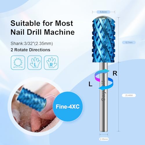 3/32" Large Barrel Smooth Round Top Tungsten Carbide Nail Drill Bit Safety Bit for Gel & Acrylic Removal, 2-Way Rotating Efile Tip, Salon Electric File Accessory (4XC Grit, Blue)