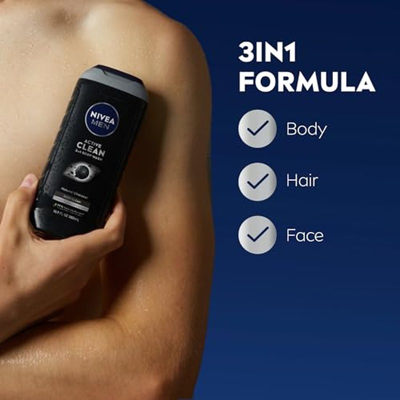 NIVEA Men Active Clean Body Wash with Natural Charcoal for Normal to Oily Skin, 3-in-1 Charcoal Body Wash, Face and Hair, Draws Out Dirt and Impurities, 16.9 Fl Oz Bottle, Pack of 3