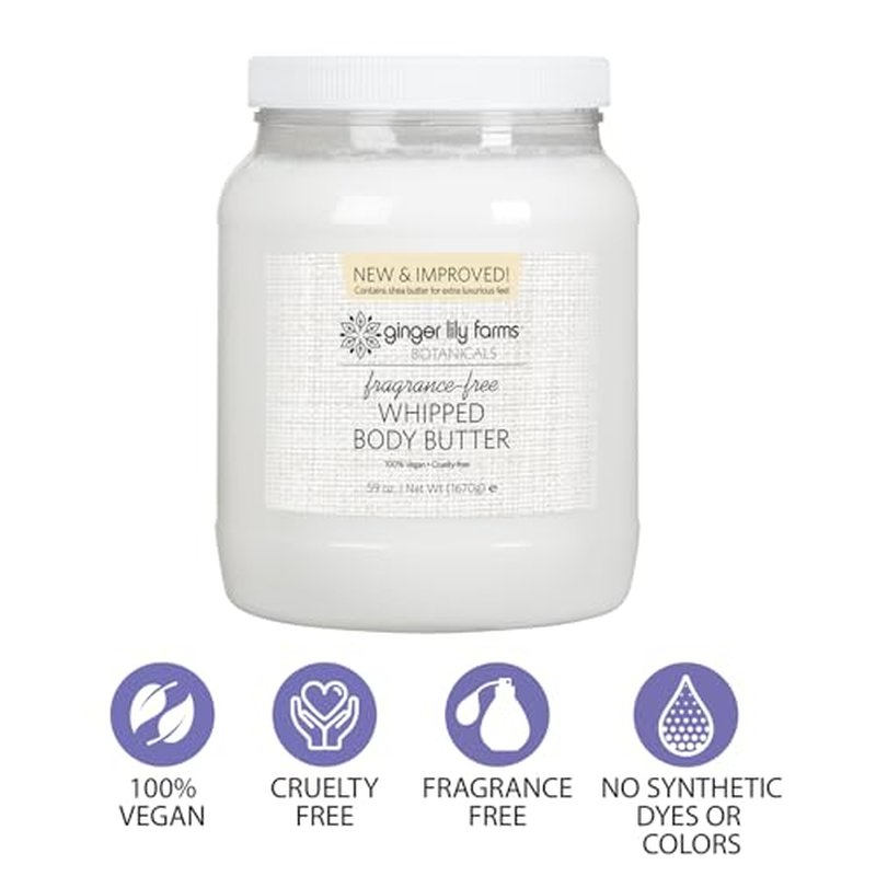 Ginger Lily Farms Botanicals Whipped Body Butter for Dry Skin, Ultra-Hydrating, 100% Vegan & Cruelty-Free, Fragrance-Free, 59 Ounces