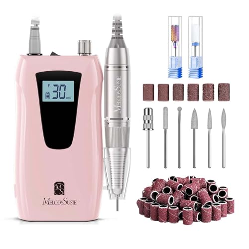 MelodySusie Professional Nail Drill 30000RPM, SC320D Rechargeable Electric Nail Drill Machine, Cordless Nail E File for Acrylic Gel Nails, 8pcs Nail Bits 50pcs Sanding Bands, Selene Pink
