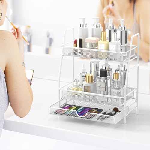 LEMIKKLE 2-Tier Bathroom Counter Organizer with Drawers, Multi-Purpose Makeup Organizer Countertop, Large Skincare Organizers, Exquisite Vanity Shelf