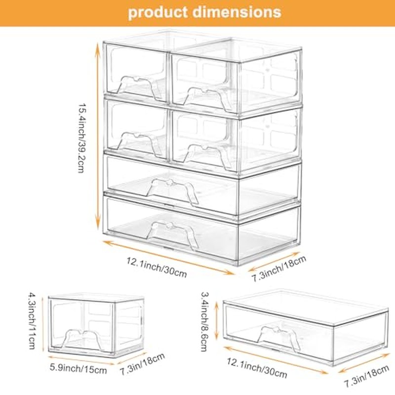Stackable Makeup Organizer Storage Drawers Set of 6, Clear Plastic Organizer Bins for Beauty Supplies,Ideal for Vanity, Bathroom,Cabinet,Pantry Organization (2Long 4 Short)