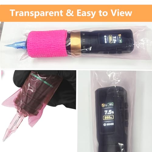 Large Machine Pen Covers with Grip Tape - Yuelong 200Pcs Pink Tattoo Pen Bags and 4Pcs Grip Wrap Kit Combination Machine Sleeves Bags Self-Adhesive Grip Covers Tattoo Supplies for Artist