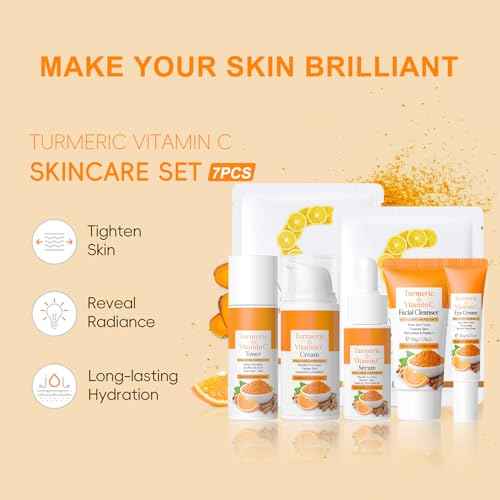 7PCS Turmeric Skin Care Set, Facial Skin Care Products Even Skin Tone, Turmeric Face Wash, Toner, Serum, Eye Cream, Face Cream, Face Mask, Smooth Glowing Travel Skincare Set for Women Girls