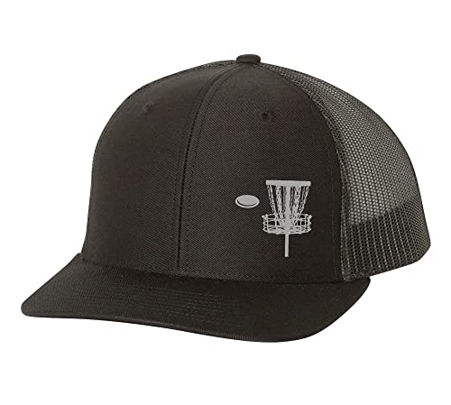 Trenz Shirt Company Disk Golf Basket Goal Golfer Mens Embroidered Mesh Back Trucker Hat, Black/Black
