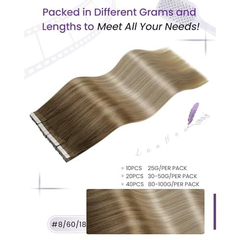 LaaVoo Tape in Hair Extensions Balayage Blonde Tape in Extensions Human Hair 100gTape in Extensions Balayage Brown to Ash Blonde Mix Platinum Blonde 16 Inch 40pcs