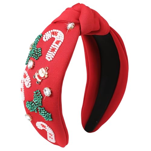 Christmas Jeweled Headbands for Women Girls Festive Christmas Hair Accessories Beaded Candy Cane Xmas Knotted Headband Embellished Wide Top Knot Hairband Holiday Gifts