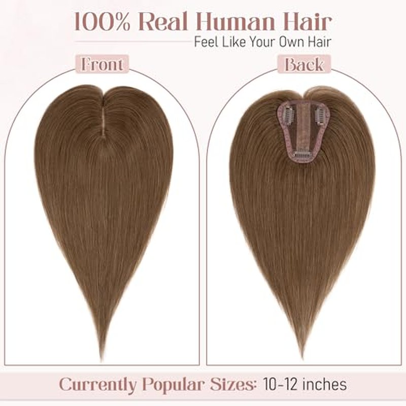 Hairro Real Human Hair Toppers, Clips in 100% Human Hairpieces for Women, 3.15"x3.94" Silk Base for Covering Thinning/Greyish Hair on Top, 12 Inch Brunette Coffee Brown