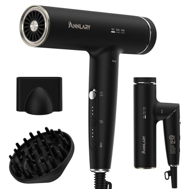Plasma Ion Hair Dryer with Diffuser for Curly Hair, 110000 RPM Professional High Speed Blow Dryer with Plasma Ion, 1500W Foldable Travel Hairdryer with 6.5 Ft Cord Fast Drying for Women Men