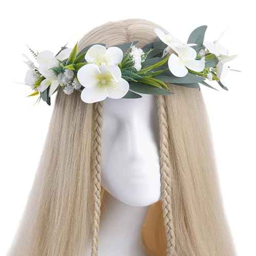 White Flower Crown Headband, Artificial Fairy Flower Headband with Green Leaf, Bridal Boho Floral Headpiece for Women Girls Maternity Birthday Wedding Festival Renaissance Hair Accessory