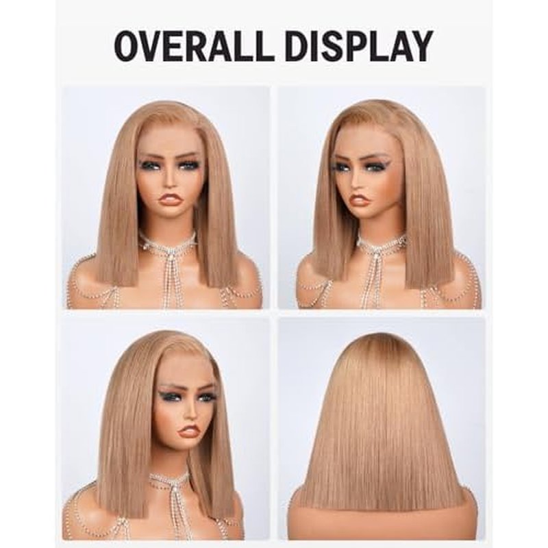 Straight Bob Wig Human Hair 13x4 Frontal Lace Wig 10 Inch Light Brown Blonde Wig 210% Density HD Lace Front Wigs Human Hair Pre Plucked Milk Tea Brown Short Bob Wigs Blunt Cut Wig