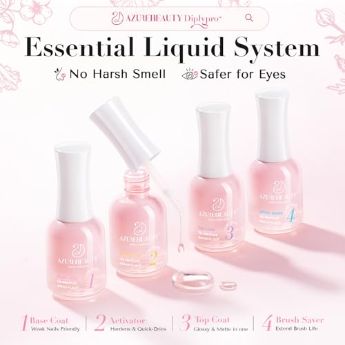 AZUREBEAUTY Dip Powder Liquid Set, 4Pcs 15ml/0.5oz Dipping Base Activator and Top Coat Brush Saver Nail File Necessary Tools for Dip Kit No Lamp Needed