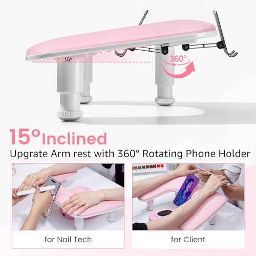 Arm Rest for Nails Tech: 3rd Generation Manicure Nail Arm Rest with Rotating Phone Stand, U-Shaped Height Adjustable Hand Rest Pillow for Acrylic Nails Pink
