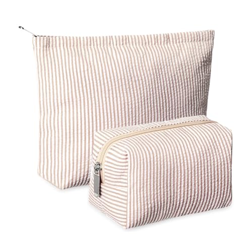 2 Pieces Makeup Bag Set Cute Cosmetic Pouch for Women Seersucker Travel Toiletry Bag Preppy Small Makeup Purse Pouch Aesthetic Skincare Brushes Storage Organizer for Women(Khaki)