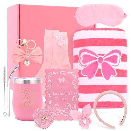 Birthday Gifts for Women Friendship Unique - Pink Bow Birthday Gifts for Teen Girls - Self Care Get Well Soon Presents Basket for Mom Sister Friend Bestie Wife Her Girlfriend Coworkers