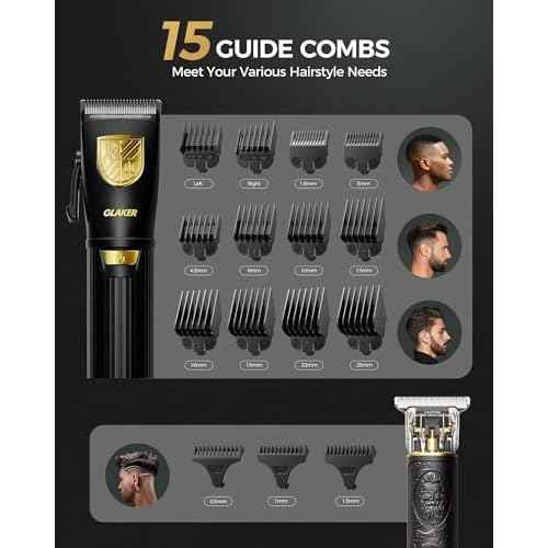 GLAKER Hair Clippers for Men,Professional Mens Hair Clippers Cordless Clippers for Hair Cutting,Precision Trimmer Kit Zero Gap Trimmer with LED Display 15 Guide Combs (Black+Gold)