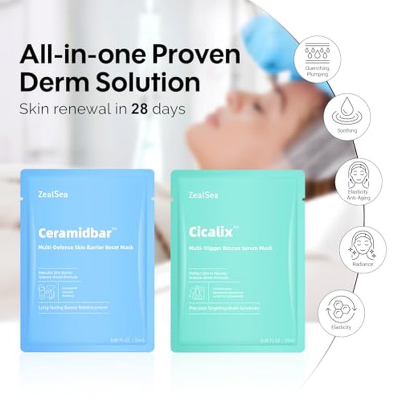 ZealSea Cicalix & Ceramidbar Face Masks Skincare Set, Derm Solution Sheet Mask for Multi-Trigger Sensitivity, Soothing & Calming, Strengthen & Restore Skin, Facial Mask with Cica & Ceramide, 16 Pack