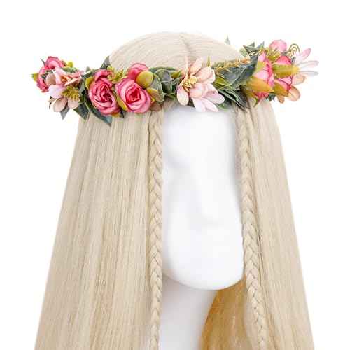 Handmade Fairy Flower Crown - Red Pink Flower Headband with Ribbon Woodland Rose Floral Headpiece for Women Girls Wedding Renaissance Hair Accessories Birthday Party Photo Props