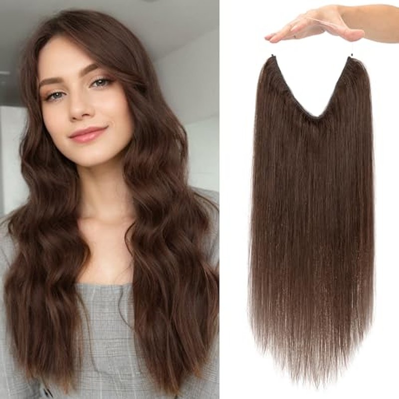 Halo Hair Extensions Real Human Hair Invisible Wire Extensions with Transparent Fish Line Adjustable Size Dark Brown 20 inch