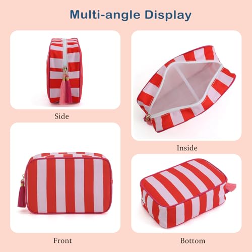 Large Stripe Canvas Zipper Makeup Bag,Aesthetic Tassel Travel Cosmetic Bag,Coquette Toiletry Bag, Girls Handbags Purses,Accessories Storage Bag for Women Girls (Pink)