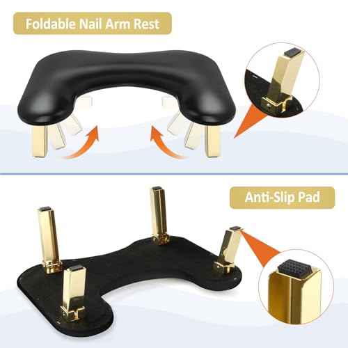 Nail Arm Rest, Arm Rest for Nails Tech, Foldable Nail Tech Client Arm Rest, PU Leather Nail Hand Rest, U Shape Manicure Hand Rests for Foot Hand Rest, Black