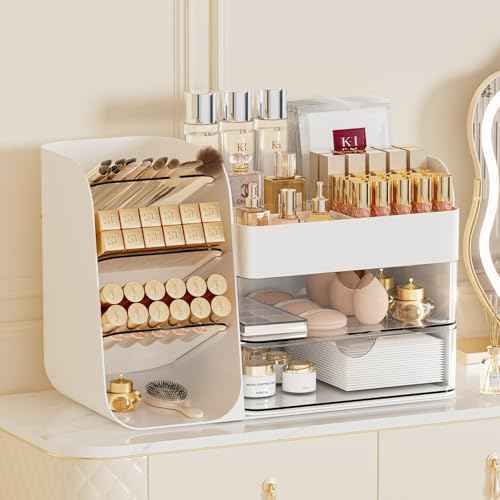 Makeup Organizer with Brush Holder for Vanity,Countertop Makeup Organizer with Drawers,Spacious Cosmetic Display Case,Perfect Storage Solution for Your Beauty Essential