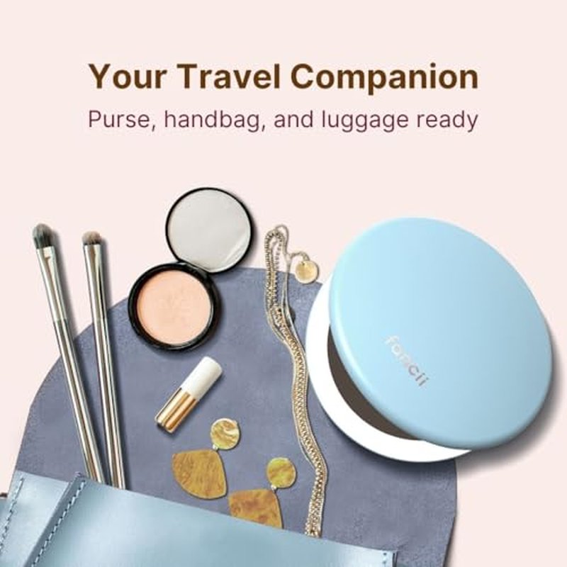 Fancii Taylor Rechargeable Compact Makeup Mirror with LED Lights, 10x /1x Magnifying, 3 Light Settings, Large 5¡± Wide | Travel Mirror for Purses (Soft Sky)