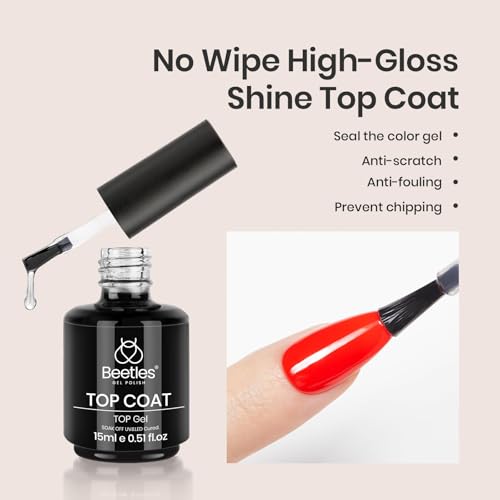 Beetles 2 Pcs 15ml No Wipe Gel Top Coat and Base Coat Set - Shine Finish and Long Lasting Soak Off LED Nail Lamp Gel Base Top Coat Finish Nail Art Design Manicure Gifts for Women