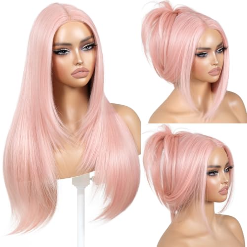 Light Pink Wear and Go Glueless Wig with Bangs Pink Wigs for Women Layered Synthetic Lace Front Wig Pre Plucked Pre Cut Ready to Wear 13x5x1 HD Lace Middle Part 26 Inch