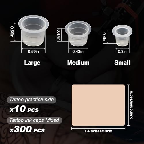310Pcs Tattoo Practice Skins and Ink Caps Kit - Mixed 300Pcs Pigment Ink Cups #9 Small, #13 Medium, #16 Large and 10Pcs Tattoo Skin