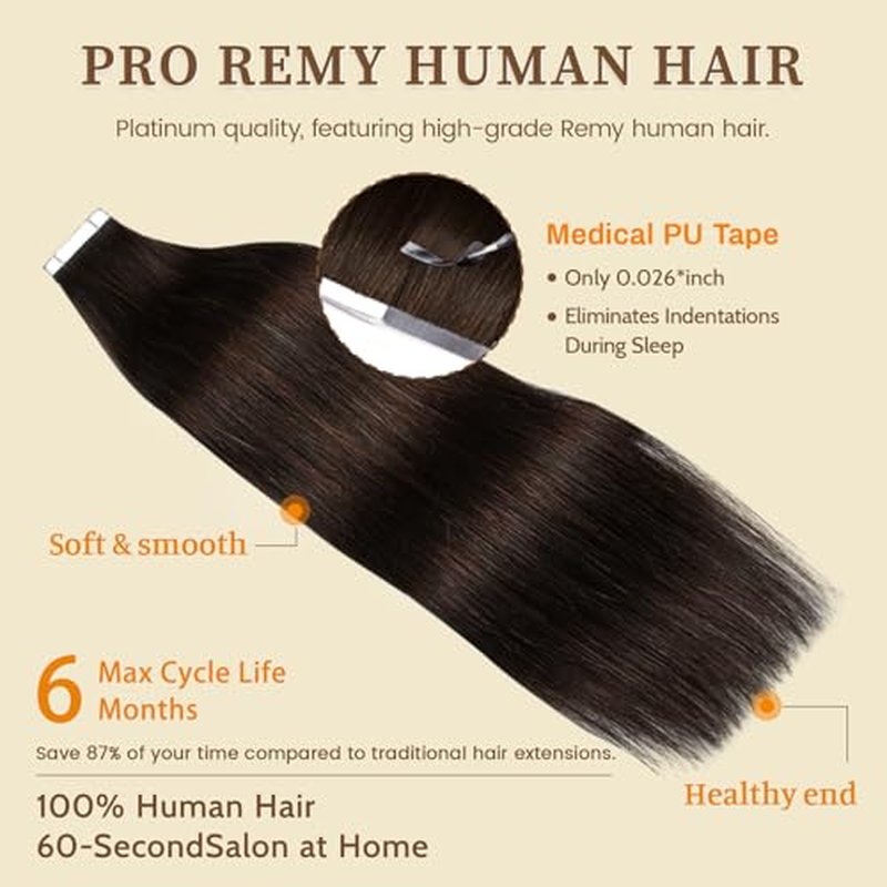 DNE Tape in Hair Extensions Real Human Hair 16 inches 20Pcs/40g/Pack Seamless #2 Dark Brown Dark Color Straight Invisible Double Sided Tape in Hair Extensions for Women/Girls Can Bleached and Curl