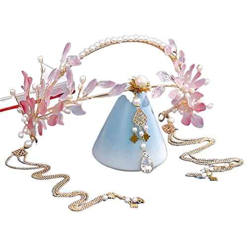 Long Tassel Headbands Hairband Simulated Pearl Leaf Tiaras and Crowns Hanfu Forehead Jewelry for Women Girls Hair Accessories (Metal Color : Style 1)