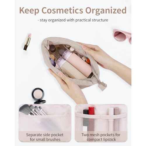 Narwey Small Makeup Bag for Travel Women Girl, Puffer Cosmetic Bag Makeup Pouch for Purse with Zipper, Cute Puffy Make Up Organizer Bags, Travel Toiletry Bag Toiletries (Khaki)