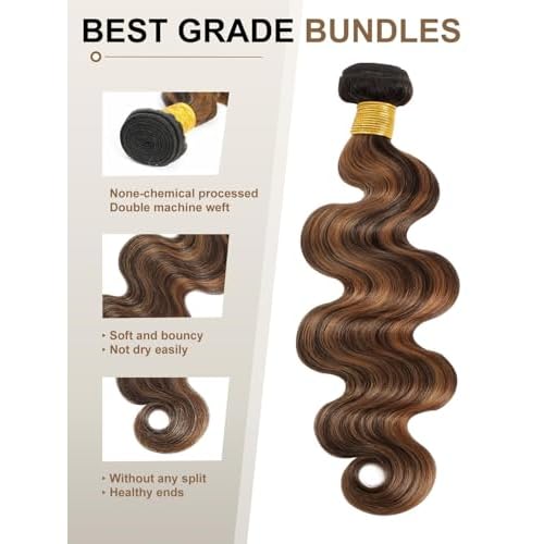 12A F1B/30 Highlight Human Hair Bundles Body Wave 18 Inch, Balayage Colored Black with Brown Ombre Single Wavy Bundle Double Weft Soft and Thick 100% Unprocessed Brazilian Remy Hair