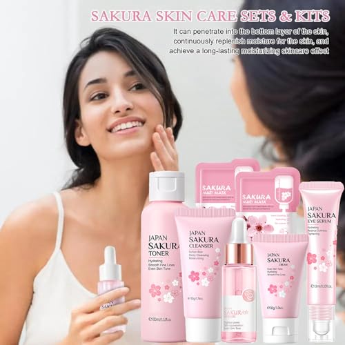 Skin Care Set Sakura Women Beauty Gift Sets Korean Skin Care Kit- Cleanser,Serum,Face Cream,Toner,Eye Cream,Mud Mask-Skin Care Routine Kit (One Size, Cherry Blossom-StyleA-Bae Moisturizing)