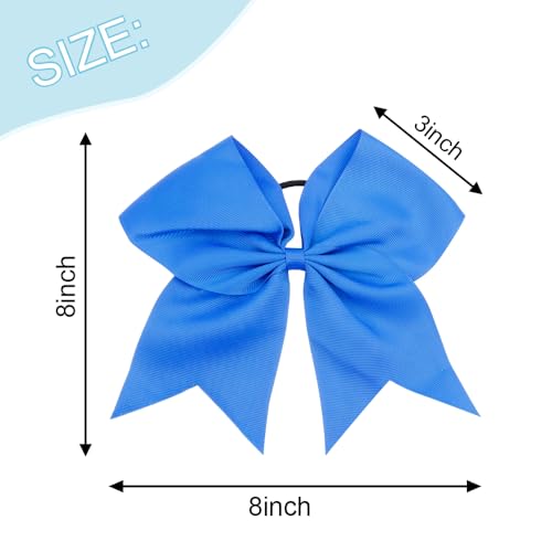 Blue Cheer Bows Set - 8 Inch Hair Bows for Cheerleaders, Ponytail Holders, Ribbons, Softball Hair Ties, and Cheer Accessories