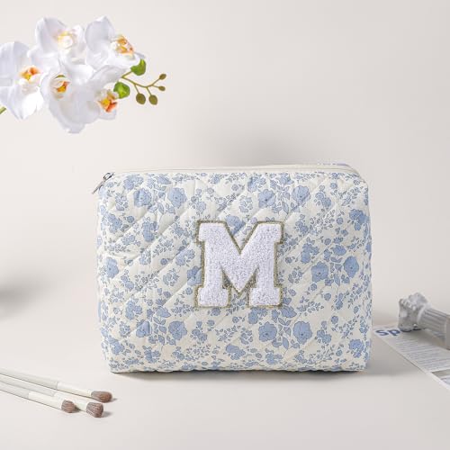JOVAKIT Alphabet Makeup Bag Cosmetic Bag for Women, Christmas Gifts for Girls Age 6-18, Floral Flowers Coquette Travel Toiletry Zipper Make Up Pouch Organizer Trendy Stuff (2Pcs Blue Floral M)