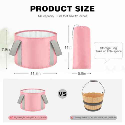 Maxcheck 14L 6 Pcs Pink Collapsible Foot Basin Tub Portable Soaking Feet Bath Bag Foldable Bucket with Handles Pedicure Foot Spa Tub for Travel Camping Outdoor Washing